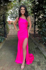 Hot Pink Ruched One Shoulder Sheath Long Prom Dress with Slit