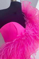 Prom Dresses Photos Gallery, Hot Pink Ruffled Short Homecoming Dress with Feathers