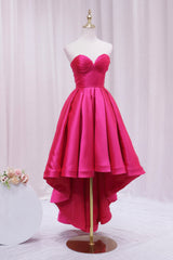 Prom Dresses For Short People, Hot Pink Satin High Low Prom Dress, Cute Sweetheart Neck Evening Party Dress