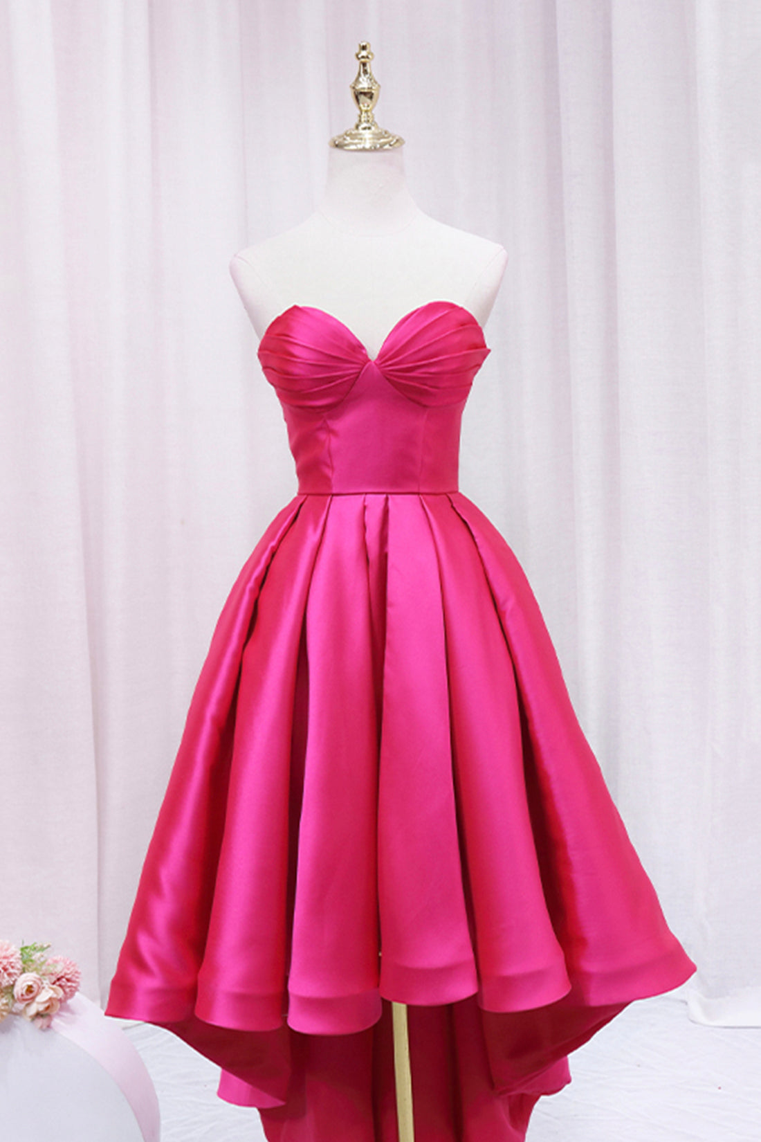 Prom Dress Shorts, Hot Pink Satin High Low Prom Dress, Cute Sweetheart Neck Evening Party Dress