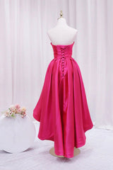 Prom Dressed Short, Hot Pink Satin High Low Prom Dress, Cute Sweetheart Neck Evening Party Dress