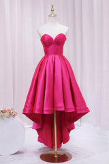 Prom Dresses Pieces, Hot Pink Satin High Low Prom Dress, Cute Sweetheart Neck Evening Party Dress