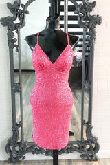 Evening Dress Shopping, Hot Pink Sequins Boydcon Mini Party Dress Club Dress