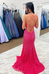 Hot Pink Sequins Mermaid Prom Dress with Fringes