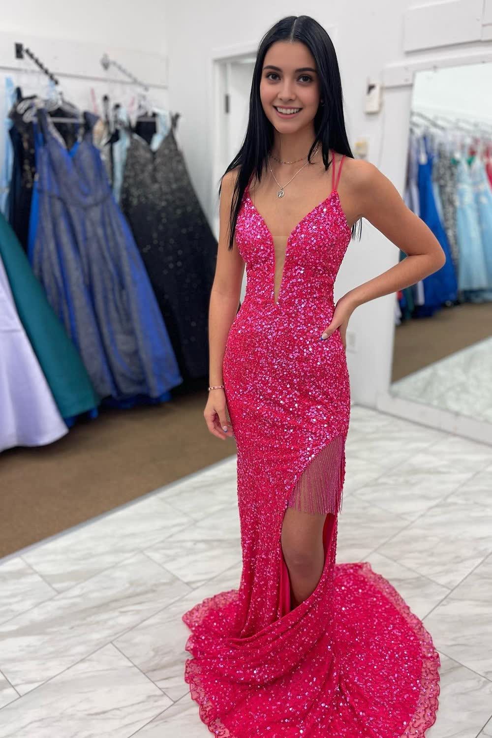 Hot Pink Sequins Mermaid Prom Dress with Fringes