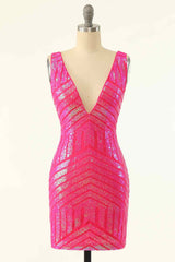 Party Dress India, Hot Pink Sheath V Neck Sequin-Embroidered Mini Homecoming Dress