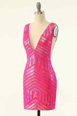 Party Dresses Clubwear, Hot Pink Sheath V Neck Sequin-Embroidered Mini Homecoming Dress