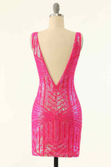 Party Dress Clubwear, Hot Pink Sheath V Neck Sequin-Embroidered Mini Homecoming Dress