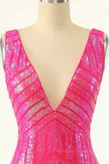 Party Dresses Indian, Hot Pink Sheath V Neck Sequin-Embroidered Mini Homecoming Dress