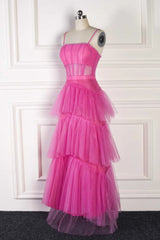 Bridesmaid Dresses Chicago, Hot Pink Spaghetti Straps A-Line Tulle Tiered Long Party Dress
