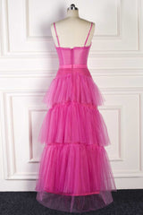 Party Dress Outfits, Hot Pink Spaghetti Straps A-Line Tulle Tiered Long Party Dress