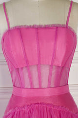 Party Dresses Cheap, Hot Pink Spaghetti Straps A-Line Tulle Tiered Long Party Dress