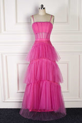 Country Wedding Dress, Hot Pink Spaghetti Straps A-Line Tulle Tiered Long Party Dress