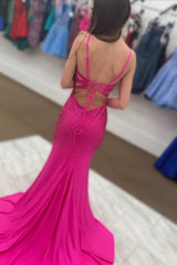 Hot Pink V Neck Mermaid Prom Dress with Slit