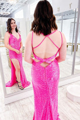 Hot Pink V-Neck Sequins Prom Dress with Slit