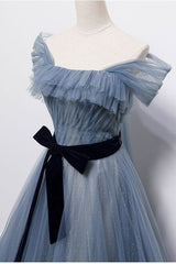 Formal Dress For Weddings Guest, Blue Off the Shoulder Tulle Long Prom Dress with Sash, Sparkly Formal Gown