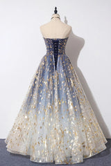Prom Dress Ideas, Charming Blue Floral Print Tulle Strapless Long A Line Prom Dresses, Dance Dresses