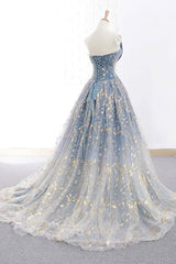 Summer Wedding, Elegant A Line Blue Tulle Long Strapless Lace Up Gold Evening Dress, Prom Dresses, Js223