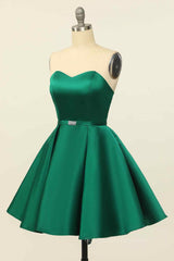 Wedding Color, Hunter Green A-line Strapless Satin Mini Homecoming Dress with Beaded Sash