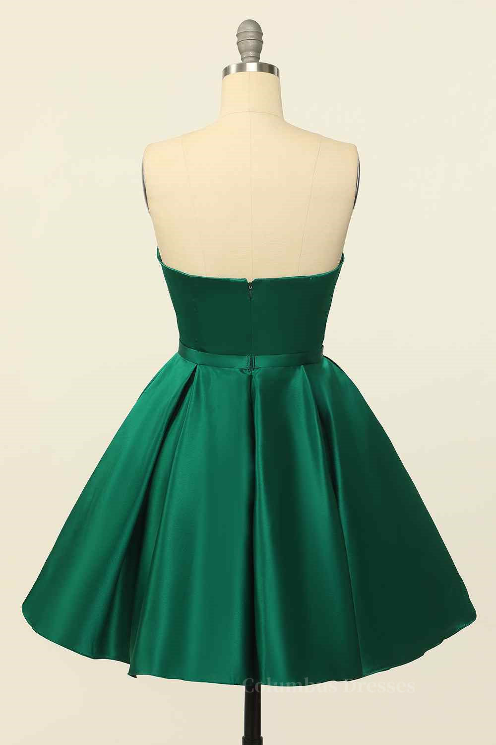 Winter Formal Dress, Hunter Green A-line Strapless Satin Mini Homecoming Dress with Beaded Sash
