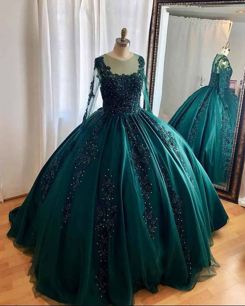 Prom Dress Bodycon, Hunter Green Ball Gown Prom Dresses Long Sleeves