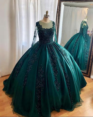 Prom Dress Bodycon, Hunter Green Ball Gown Prom Dresses Long Sleeves
