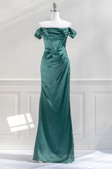 Bridesmaid Dresses Designer, Hunter Green Off-the-Shoulder Satin Mermaid Long Prom Dress with Slit