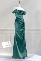 Bridesmaid Dress Designs, Hunter Green Off-the-Shoulder Satin Mermaid Long Prom Dress with Slit