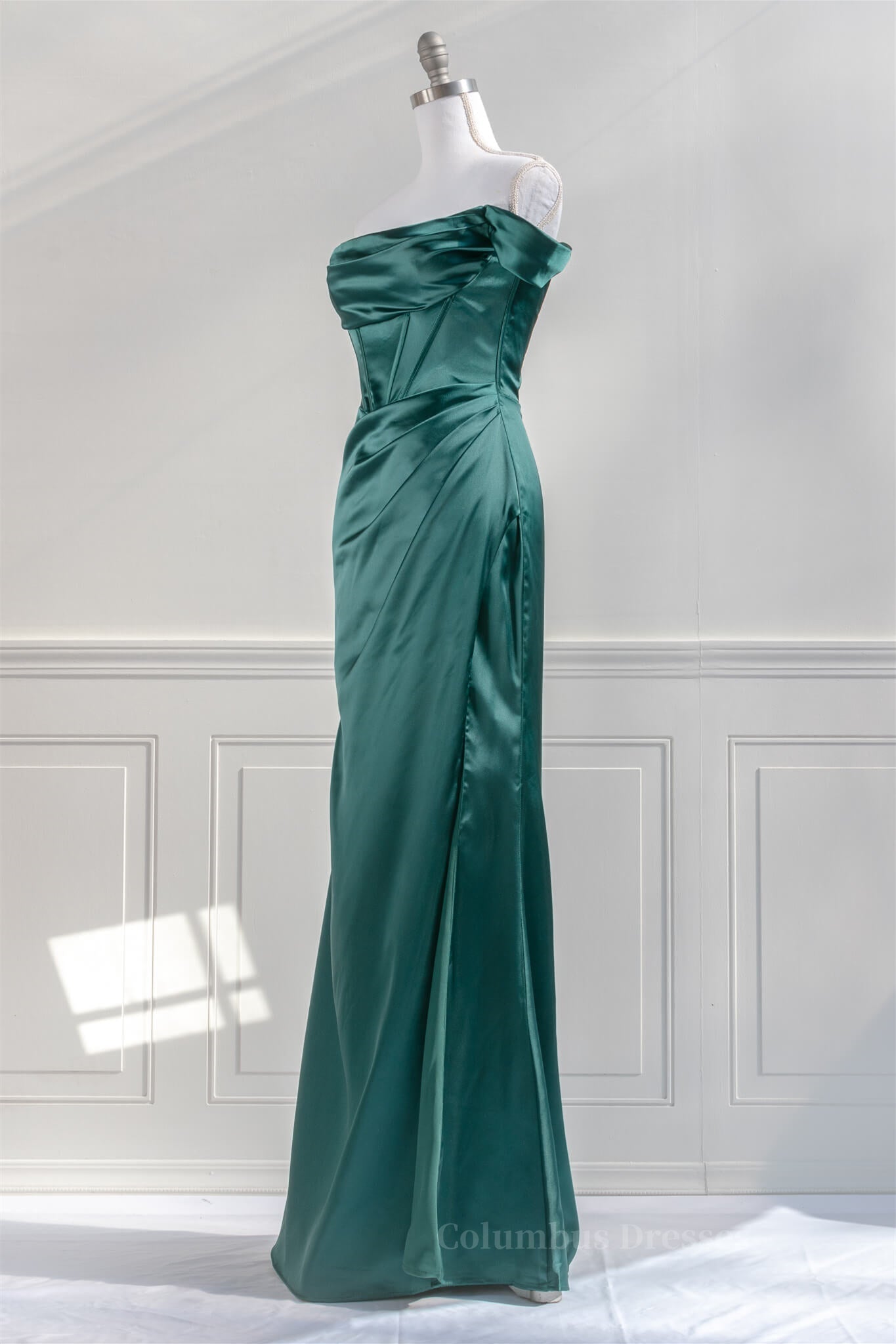 Bridesmaid Dresses Designs, Hunter Green Off-the-Shoulder Satin Mermaid Long Prom Dress with Slit