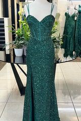 Evening Dresses Floral, Hunter Green Sweetheart Straps Sequins Long Prom Dress