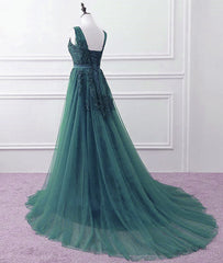 Bridesmaid Dresses Different Color, Hunter Green Tulle V-neckline Long Party Dress, Dark Green A-line Prom Dress