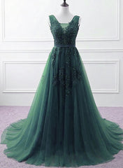 Bridesmaids Dresses Under 101, Hunter Green Tulle V-neckline Long Party Dress, Dark Green A-line Prom Dress