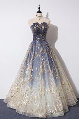 Tulle Dress, Charming Blue Floral Print Tulle Strapless Long A Line Prom Dresses, Dance Dresses
