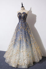Prom Dress Aesthetic, Charming Blue Floral Print Tulle Strapless Long A Line Prom Dresses, Dance Dresses