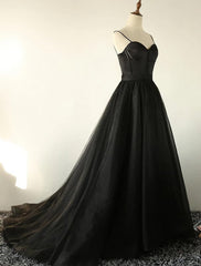 Party Fitness, Charming Black Spaghetti Straps Sweetheart Tulle Evening Dresses Formal Dress