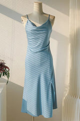 Party Dresses Europe, Ice Blue Cowl Neck Mid-Calf Length Bridesmaid Dress