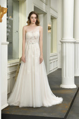 Wedding Dress Website, Illusion Lace One Shoulder Tulle Wedding Dresses With Sweep Train