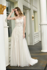 Wedding Dress With Sleeve, Illusion Lace One Shoulder Tulle Wedding Dresses With Sweep Train
