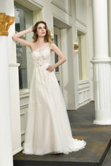 Wedding Dress Accessory, Illusion Lace One Shoulder Tulle Wedding Dresses With Sweep Train