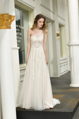 Wedding Dressing Accessories, Illusion Lace One Shoulder Tulle Wedding Dresses With Sweep Train