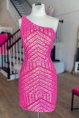 Party Dress In Store, Tight One Shoulder Hot Pink Sequins Homecoming Dress