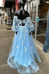 Prom Dress Spring, Blue Floral Lace Sweetheart A-Line Prom Gown with Sleeves