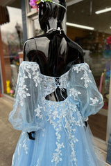 Prom Dress A Line, Blue Floral Lace Sweetheart A-Line Prom Gown with Sleeves