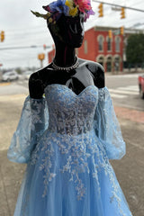 Prom Dresses Spring, Blue Floral Lace Sweetheart A-Line Prom Gown with Sleeves