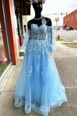 Prom Dress Princesses, Blue Floral Lace Sweetheart A-Line Prom Gown with Sleeves