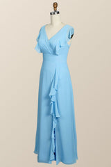 Prom Dress Tight Fitting, Blue Chiffon Ruffles Long Bridesmaid Dress