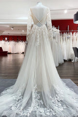 Wedding Dress Strap, Ivory A-line Tulle Long Sleeves Lace Appliques Open Back Wedding Dresses