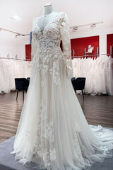 Wedding Dresses Straps, Ivory A-line Tulle Long Sleeves Lace Appliques Open Back Wedding Dresses