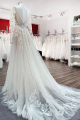 Wedding Dress V, Ivory A-line Tulle Long Sleeves Lace Appliques Open Back Wedding Dresses