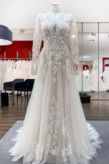 Wedding Dresses Girl, Ivory A-line Tulle Long Sleeves Lace Appliques Open Back Wedding Dresses